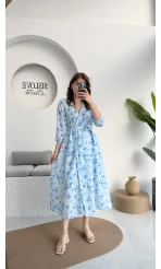 Forrest - Çiçek Detaylı Astarlı Elbise - Mavi - 3039