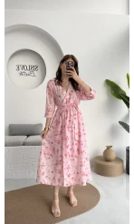 Forrest - Çiçek Detaylı Astarlı Elbise - Pembe - 3039