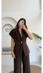 Fragile Şal Yaka Yelek Pantolon Takım - Acı Kahve - Kod: 8789
