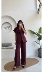 Fragile Şal Yaka Yelek Pantolon Takım - Bordo - Kod: 8789