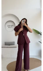 Fragile Şal Yaka Yelek Pantolon Takım - Bordo - Kod: 8789