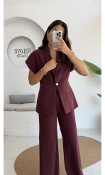 Fragile Şal Yaka Yelek Pantolon Takım - Bordo - Kod: 8789