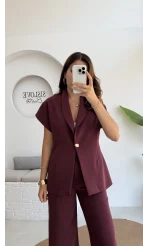 Fragile Şal Yaka Yelek Pantolon Takım - Bordo - Kod: 8789