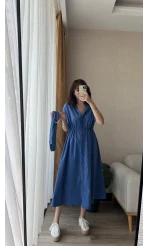 Freya Gömlek Yaka Kemerli Elbise Mavi