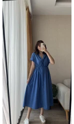 Freya Gömlek Yaka Kemerli Elbise Mavi