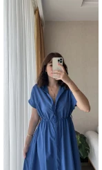 Freya Gömlek Yaka Kemerli Elbise Mavi