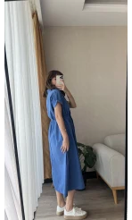 Freya Gömlek Yaka Kemerli Elbise Mavi