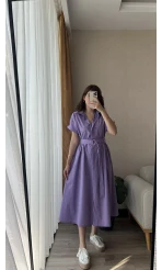 Freya Gömlek Yaka Kemerli Elbise Mor