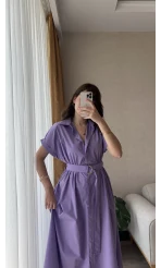 Freya Gömlek Yaka Kemerli Elbise Mor