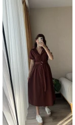 Freya Gömlek Yaka Kemerli Elbise Tarçın