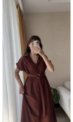 Freya Gömlek Yaka Kemerli Elbise Tarçın