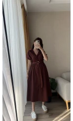 Freya Gömlek Yaka Kemerli Elbise Tarçın