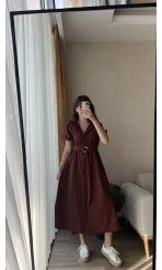 Freya Gömlek Yaka Kemerli Elbise Tarçın