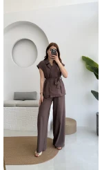 Frondi Tensel Kahve Yelek Kuşaklı Takım KOD:3789