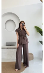 Frondi Tensel Kahve Yelek Kuşaklı Takım KOD:3789