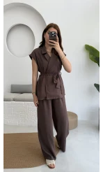 Frondi Tensel Kahve Yelek Kuşaklı Takım KOD:3789