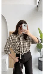 Fular Bağlamalı Taşlı Gömlek - Bej - Kod: 2180