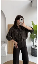 Fular Bağlamalı Taşlı Gömlek - Kahverengi - Kod: 2180