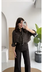 Fular Bağlamalı Taşlı Gömlek - Kahverengi - Kod: 2180