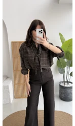 Fular Bağlamalı Taşlı Gömlek - Kahverengi - Kod: 2180