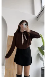 Fular Bağlamalı Uzun Kol Kazak - Acı Kahve