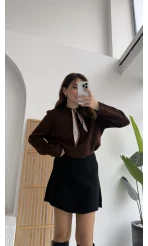 Fular Bağlamalı Uzun Kol Kazak - Acı Kahve