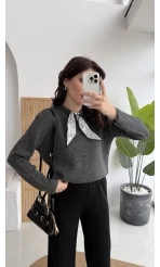 Fular Bağlamalı Uzun Kol Kazak - Antrasit