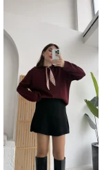 Fular Bağlamalı Uzun Kol Kazak - Bordo