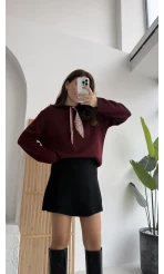 Fular Bağlamalı Uzun Kol Kazak - Bordo