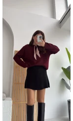 Fular Bağlamalı Uzun Kol Kazak - Bordo