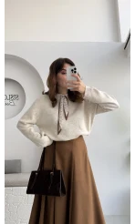 Fular Bağlamalı Uzun Kol Kazak - Ekru