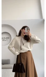 Fular Bağlamalı Uzun Kol Kazak - Ekru