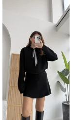 Fular Bağlamalı Uzun Kol Kazak - Siyah