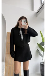 Fular Bağlamalı Uzun Kol Kazak - Siyah