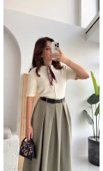 Fularlı Saç Örgü Hırka - Ekru