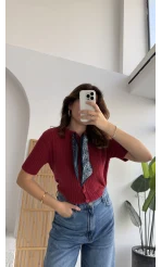 Fularlı Saç Örgü Hırka - Kırmızı