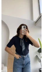 Fularlı Saç Örgü Hırka - Lacivert