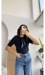 Fularlı Saç Örgü Hırka - Lacivert