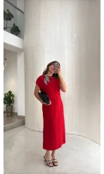 Fularlı Zincir Detay Elbise - Kırmızı - Kod: 4163