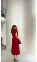 Fularlı Zincir Detay Elbise - Kırmızı - Kod: 4163