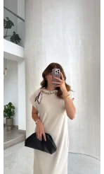 Fularlı Zincir Detay Elbise - Taş - Kod: 4163
