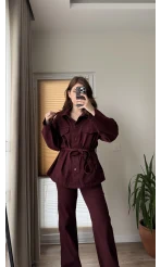 Gabardin Kuşaklı Ceket Takım - Bordo