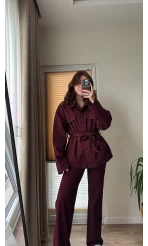Gabardin Kuşaklı Ceket Takım - Bordo