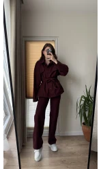 Gabardin Kuşaklı Ceket Takım - Bordo