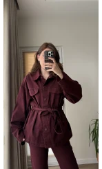 Gabardin Kuşaklı Ceket Takım - Bordo