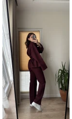 Gabardin Kuşaklı Ceket Takım - Bordo