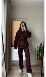 Gabardin Kuşaklı Ceket Takım - Bordo