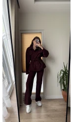 Gabardin Kuşaklı Ceket Takım - Bordo