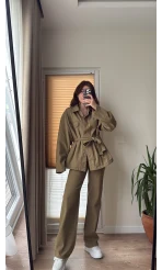 Gabardin Kuşaklı Ceket Takım - Haki
