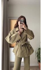 Gabardin Kuşaklı Ceket Takım - Haki